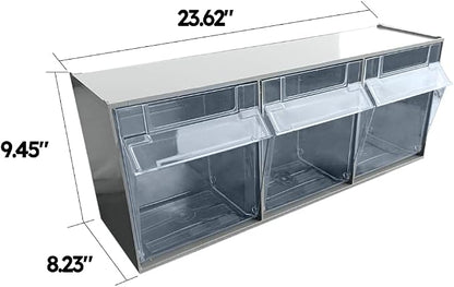 Storage Cabinet with 3 Tilt Out Bins | Horizontal Organizer for Closet, Kitchen, Garage, 23.6" W x 8.2" D x 9.4" H, Gray