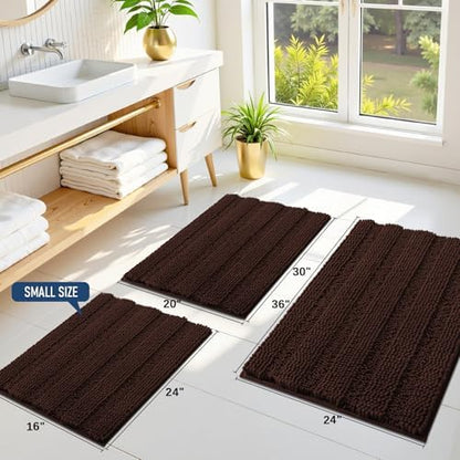 Grandaily Chenille Striped Bathroom Rugs 47x24, Extra Thick and Soft Absorbent Bath Mats, Rubber Backing, Plush Shaggy Shower Carpet, Machine Wash Dry, Bath Rug for Bathroom, Dark Brown
