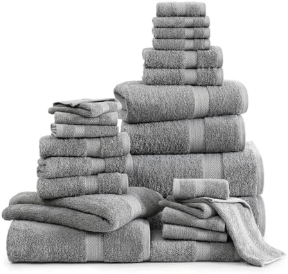 LANE LINEN Towel Set Soft Absorbent Quick Dry 100% Cotton 24 Piece - Grey