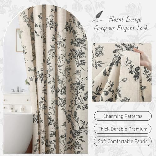 Black Floral Shower Curtain,Vintage Linen Beige Cottagecore Shower Curtains for Bathroom, 72" W x 84" L