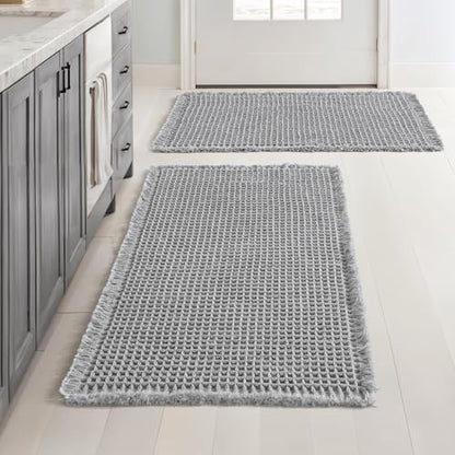 MIULEE Set of 2 Waffle Bathroom Rugs Boho Bath Mat Light Grey 20x32 Inch