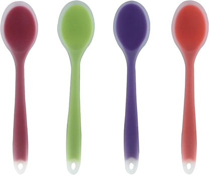 Zorfeter 4 Pcs Small Silicone Spoons, Nonstick Kitchen Spoon Heat Resistant Stirring Serving Spoon for Kitchen Cooking Baking Mixing Tools(Transparent Purple+Orange+Red+Green)