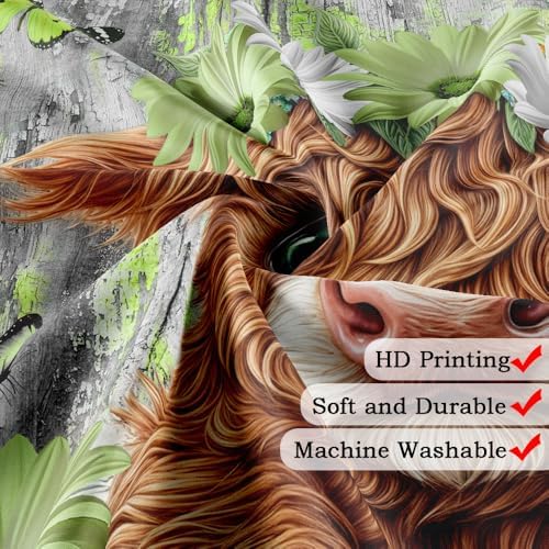 Farmhouse Flower Floral Shower Curtain, Rustic Funny Highland Cow Daisy Shower Curtain Set, Country Wild Garden Plant Fabric, Brown Wooden Board Bathroom Accessories Curtains with Hooks 70X70in