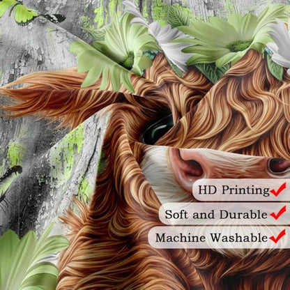 Farmhouse Flower Floral Shower Curtain, Rustic Funny Highland Cow Daisy Shower Curtain Set, Country Wild Garden Plant Fabric, Brown Wooden Board Bathroom Accessories Curtains with Hooks 70X70in