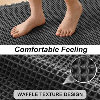 JIUZHEN Set of 2 Waffle Bath Mats Boho Bath Rugs 16"x24"+18"x30", Black