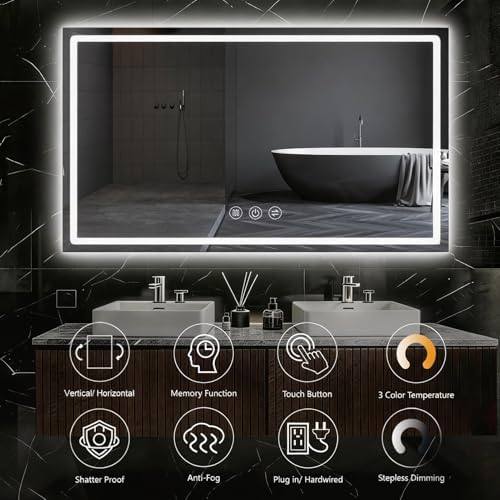 48"x 32" LED Bathroom Mirror with Lights, Backlit + Front Lit Vanity Mirror