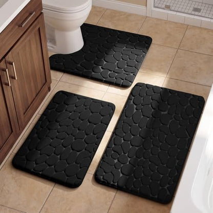 YIHOUSE Bathroom Rugs Mat Set, Memory Foam Bath Mat 3 Piece Black
