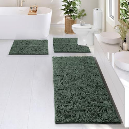 Hearth & Harbor Bathroom Rugs, Chenille Bath Mat - Machine Washable Bath Mats for Bathroom Non-Slip Backing Rubber, Quick Dry Mat - Hunter Green Bath Rug, 17x24-26x44-20x24