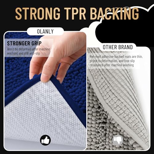 OLANLY Thick Bathroom Rugs 36x24, Soft Chenille Striped Bath Rugs, Navy