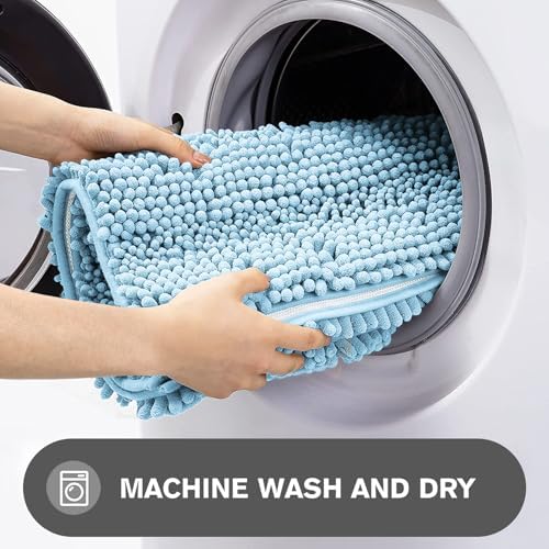 Bathroom Runner Rug 24 x 72 Non Slip – Extra Long Bath Mat | Absorbent and Washable Thick Chenille Runner Rug for Bathroom, Shower, Tub, Sink(Light Blue)