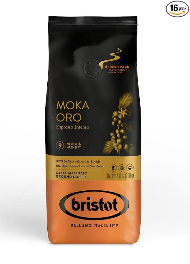 Bristot Moka Oro Ground Coffee | Italian Ground Espresso | Medium Roast | 16 Bags