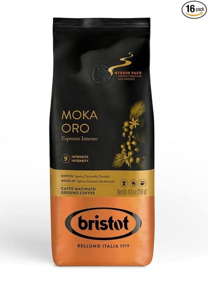 Bristot Moka Oro Ground Coffee | Italian Ground Espresso | Medium Roast | 16 Bags