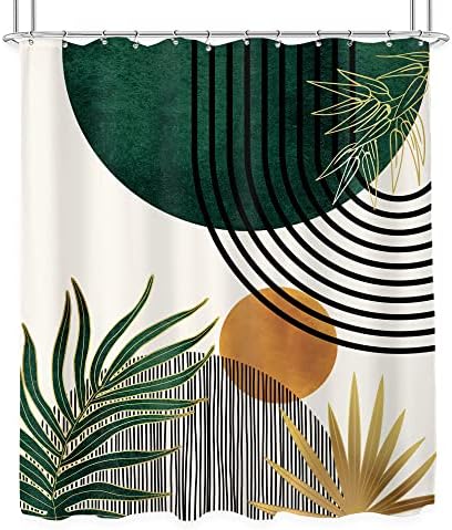 KOMLLEX Mid Century Green Boho Shower Curtain, Abstract Modern Shower Curtains for Bathroom, Plant Botanical Minimalist Leaf Arch Sun Fabric Liner Waterproof Polyester 12 Pack Hooks 60Wx72L Inches