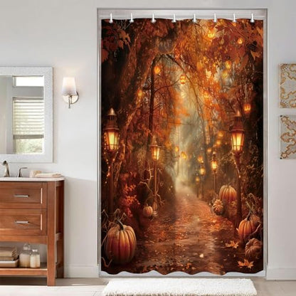 Fall Pumpkins Shower Curtain，Halloween Autumn Thanksgiving Harvest Forest Rural Trail Bathroom Decor，48 x 72 Inch Polyester Fabric Waterproof Bathroom Curtain with Hooks