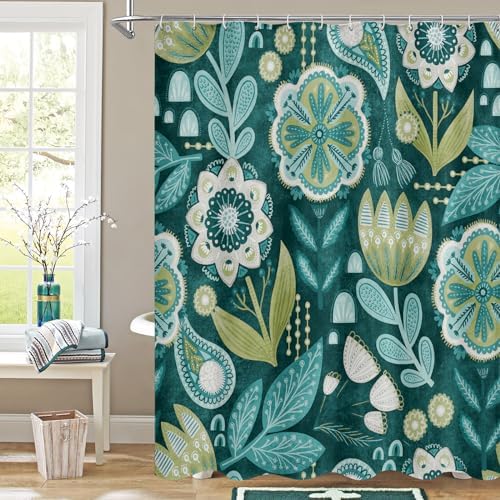 Boho Floral Shower Curtain, Deep Teal Botanical Fabric Curtain, 72 x 72