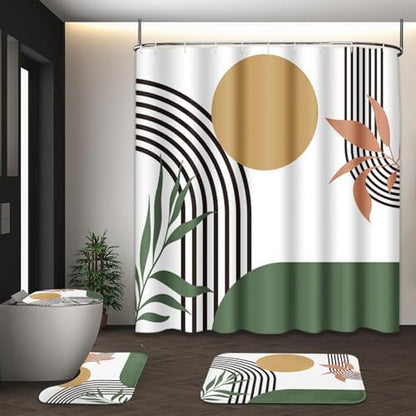 Bathroom Sets with Shower Curtain and Rugs, 4 Pcs, Boho Green