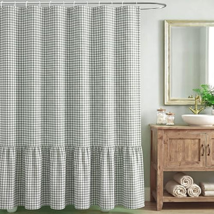 HunnmingRe Ruffle Hem Gingham Shower Curtain Sage Green