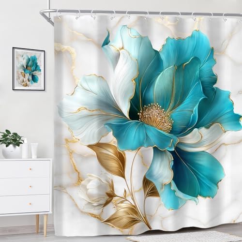 Teal Gold Marble Floral Abstract Turquoise Art Bathroom Shower Curtain Set