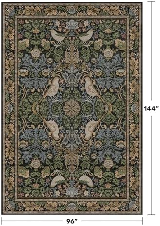 Vintage 8x12 Area Rug for Living Room - Green Botanical & Bird Patterned Rugs for Dining Room Rugs, Bedroom Under Bed, Traditional Cottage Brown and Green Décor, Washable Non Slip Foldable Carpet