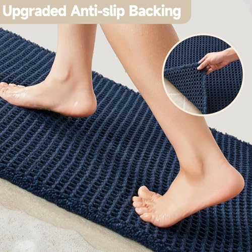 TYUU Waffle Bath Mat, Small Boho Bathroom Rugs Non Slip 24x16 Navy Blue