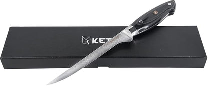 Ketuo Professional Chef Knife Damascus Carbon Steel with Laser Pattern Blade and Black Pakka Wood (7 Inch Boning Knife)