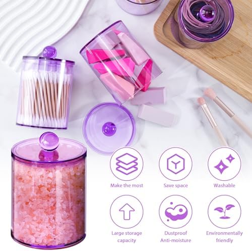 2 Pcs Acrylic Qtip Holder, Cotton Ball Holder Jars with Lids, Purple