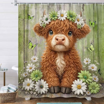 Cute Cow Shower Curtain, Farmhouse Rustic Floral Daisy Highland Cow Shower Curtains for Bathroom, Calf Country Farm Animal Garden Plant Fabric Bathroom Decor with Hooks, 54x72 inch