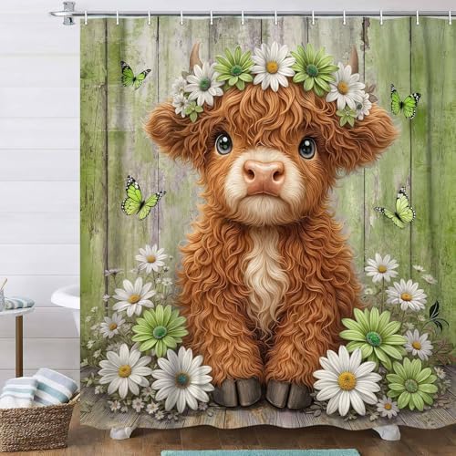 Cute Cow Shower Curtain, Farmhouse Rustic Floral Daisy Highland Cow Shower Curtains for Bathroom, Calf Country Farm Animal Garden Plant Fabric Bathroom Decor with Hooks, 70x84 inch