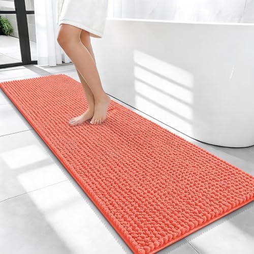 OLANLY Thick Chenille Bathroom Runner Rugs 59x20, Absorbent Bath Mat, Coral