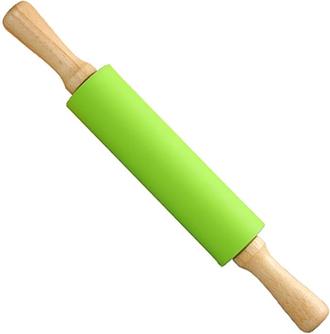 Green Rolling Pin, 11.4 Inch Silicon Rolling Pin with Wooden Handle for Kneading the Dough of Baking Bread, Pizza, Cookie, Noodles (green, 12 inch)
