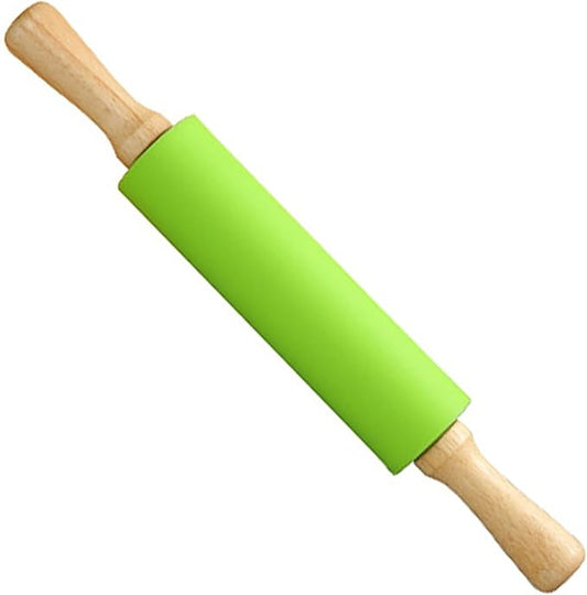 Green Rolling Pin, 11.4 Inch Silicon Rolling Pin with Wooden Handle for Kneading the Dough of Baking Bread, Pizza, Cookie, Noodles (green, 12 inch)