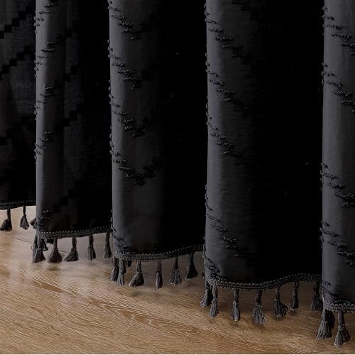 OWENIE Black Fabric Shower Curtain, Boho Shower Curtains for Bathroom Chic Tufted Chevron Striped Textured with Tassel, Soft Hotel Style Farmhouse, Machine Washable, 72x78, Black