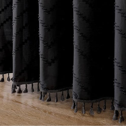 OWENIE Black Fabric Shower Curtain, Boho Shower Curtains for Bathroom Chic Tufted Chevron Striped Textured with Tassel, Soft Hotel Style Farmhouse, Machine Washable, 72x78, Black