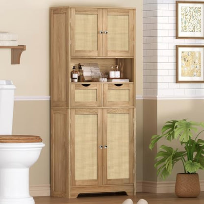 TEENFON 57.8" H Tall Storage Cabinet with 2 Drawers & 2 Adjustable Shelves, Rattan Cabinets with 4 Doors, Cupboard, Kitchen Cabinets, Pantry Cabinet, Tall Cabinet for Living Room, Entryway, Natural