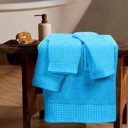 GLAMBURG Ultra Soft 3 Pack Cotton Towel Set, Contains a Bath Towel 28x55 inch, a Hand Towel 16x24 inch & a Wash Coth 12x12 inch, Ideal Everyday use, Compact & Lightweight - Turquoise Blue