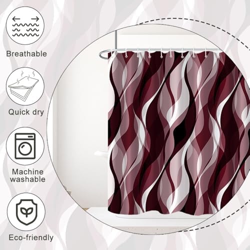 Burgundy Striped Shower Curtain with Hooks for Bathroom 72x84 Inch