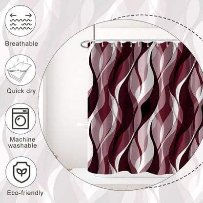 Burgundy Striped Shower Curtain with Hooks for Bathroom 72x84 Inch