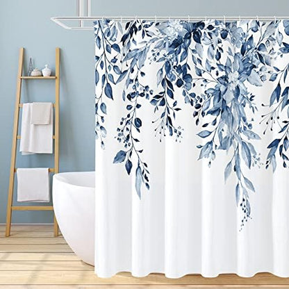 Gibelle Navy Eucalyptus Shower Curtain, Watercolor Floral Print, 72x78
