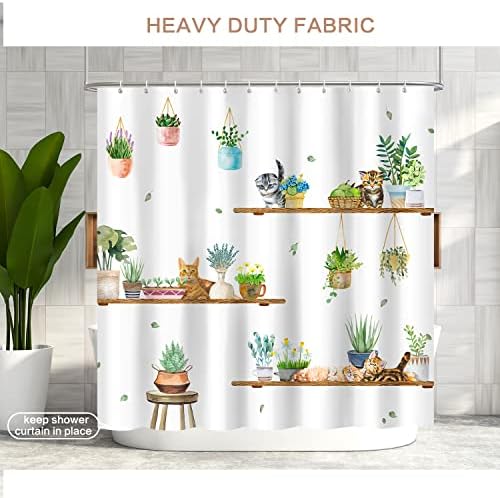 Hanging Potted Plants Cat Shower Curtain, Bracket Plant Kitty Shower Curtain for Bathroom with 12 Hooks, Polyester Fabric Waterproof Shower Curtain Sets Machine Washable Bath Curtain