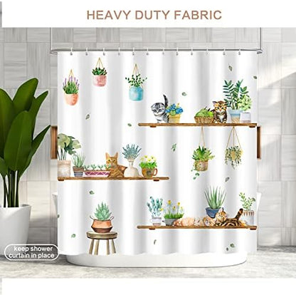 Hanging Potted Plants Cat Shower Curtain, Bracket Plant Kitty Shower Curtain for Bathroom with 12 Hooks, Polyester Fabric Waterproof Shower Curtain Sets Machine Washable Bath Curtain