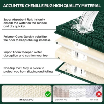 ACCUMTEK Upgrade Extra Large Deep Green Bathroom Rug Set 3 Pieces Ultra Soft, Thick Absorbent Bath Mats, Non Slip Chenille Toilet Mat for Bathroom, Bedroom, Kitchen