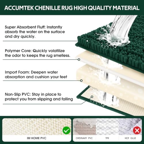 ACCUMTEK Upgrade Luxury 2 Piece Deep Green Toilet Bathroom Rug Mat 48"x20"+24"x17", Ultra Soft Thick Absorbent Bath Mats, Non Slip Chenille Toilet Mat for Bathroom, Bedroom, Kitchen, Shower, Tub