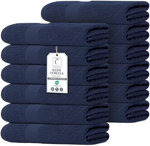 Commercial Bulk Pack of 12 Large Bath Towels – 100% Cotton Terry 24" x 50" – Ideal for Hotels, Salons, Gyms, Spas & Institutional Use – Navy Blue