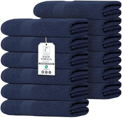 Commercial Bulk Pack of 12 Large Bath Towels – 100% Cotton Terry 24" x 50" – Ideal for Hotels, Salons, Gyms, Spas & Institutional Use – Navy Blue