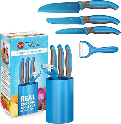TruChef 5-Piece Kids Knife Set | Real Stainless Steel Cooking Knives with Peeler, Serrated Blade & Storage Stand | Safe, Easy-Grip Design – Fun Junior Chef Set for Boys & Girls (5 pcs, Blue)