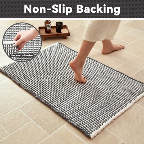 Triohero Waffle Bath Mat, Small Boho Bathroom Rugs, 16x24 Grey & White