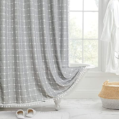 Boho Farmhouse Classic Plaid Linen Tassel Shower Curtain Tan Brown,72x78