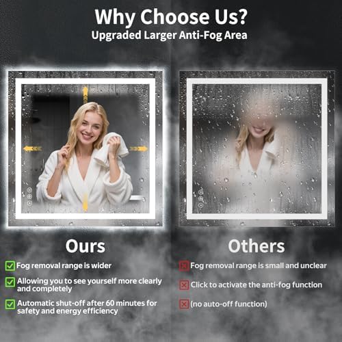 40"x40" LED Bathroom Mirror with Lights, Backlit+Frontlit, Anti-Fog