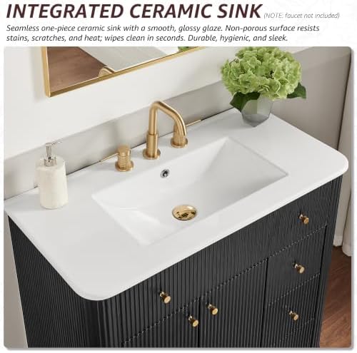 T4TREAM 36" Fluted Bathroom Vanity with Single Sink, Black Oak