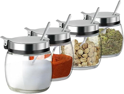 Hewnda 2Pcs Sugar Salt Container Set,8 oz glass jar with lid and spoon for storing condiments,coffee,sugar cubes,spices and more